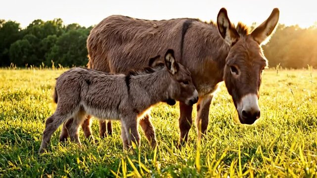 Adorable brown baby donkey stands by its mother in a field of lush green grass under the warm sunlight.