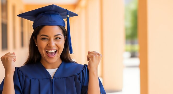 Graduated student celebrates with joyful fists raised. Blue cap and gown signify academic achievement. Warm sunlight highlights her triumphant expression. Background shows blurred campus architecture