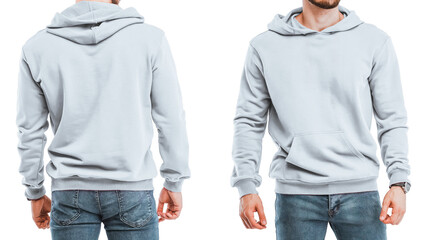Man wearing blank white hoodie, isolated on white background © AlexGo