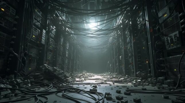 Abandoned dark server room with tangled cables and industrial debris