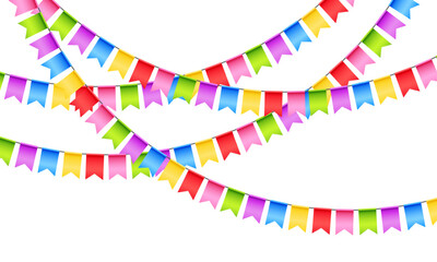 Fototapeta premium Vector colorful bunting isolated on a transparent background. Bright festive garland with confetti. Element of holiday decor for card, invitation, banner or background.
