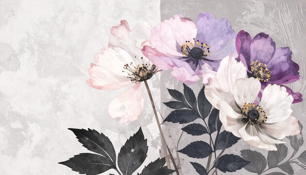 Soft watercolor anemone flowers in delicate pastel bouquet on textured paper