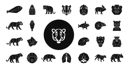 Fototapeta premium Black silhouettes of various wild animals.