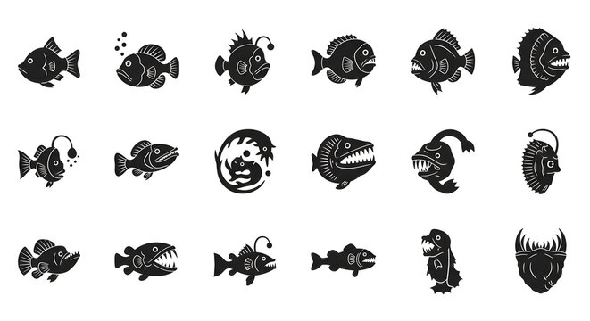 Black fish silhouettes in various poses.