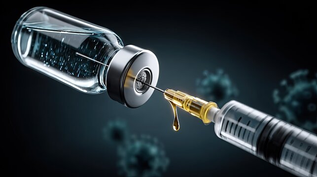 Medical syringe drawing liquid from a pharmaceutical vial against a dark background featuring microscopic organisms