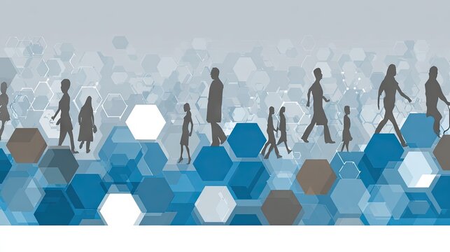 Silhouettes of diverse people walking across a field of abstract hexagonal shapes in varying shades of blue and gray.