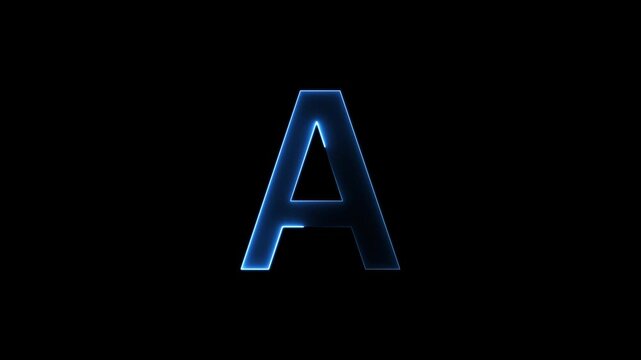 Glowing neon letter 'A' symbol, a shiny light font illustration on a black background English alphabet education type word writing letter text effect smooth footage sign symbol with black background