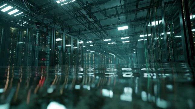 Flooded modern data center server room during a disaster