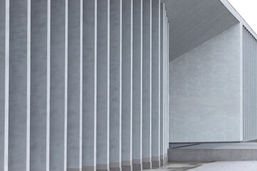 Fototapeta premium Curved architectural facade with vertical columns forms sheltered walkway under modern structure. Smooth concrete surfaces emphasize minimal geometric composition. Concept of public architecture,