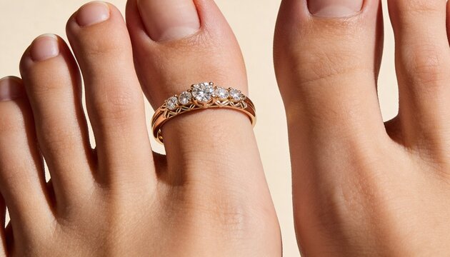 A close-up of a woman's feet with a diamond ring on her toe against a beige background