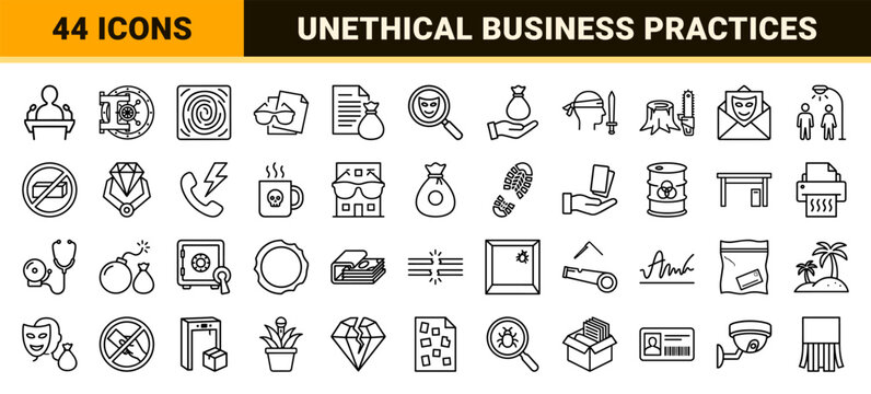 Minimalist corporate fraud and unethical business outline icons.