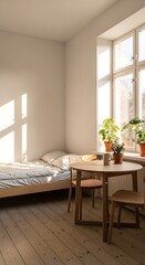 Fototapeta premium Sunlit Minimalist Bedroom with Wooden Furniture and Potted Plants.