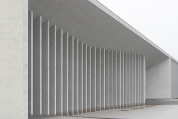 Fototapeta premium Curved modern building facade extends with continuous row of vertical columns. Architectural structure forms sweeping arc creating minimal urban exterior scene. Concept of contemporary design, space,