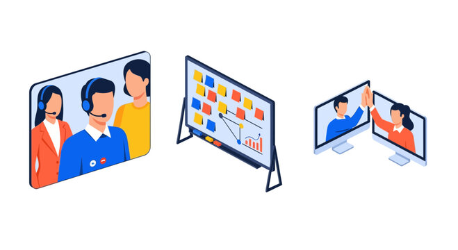 Remote Team Collaboration Using Online Video Call Digital Whiteboard And Virtual High Five Meeting Success