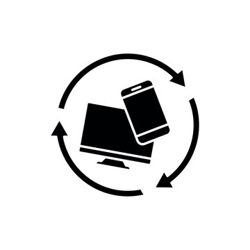 icon an e-waste with monitor smartphone and circular refresh arrows, isolated against a clean background.