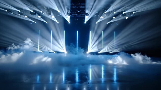 Two rows of professional stage spotlights projecting bright white and blue light beams through thick ground fog onto a highly reflective dark floor in a studio or theater setting.