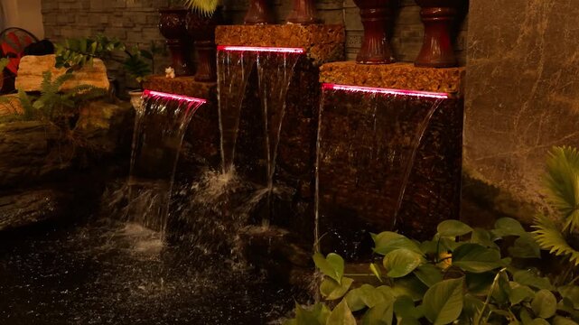 Indoor waterfall fountain with multiple cascades of water illuminated by red led lights, creating a calming and relaxing environment with aquatic plants and dark natural rock elements