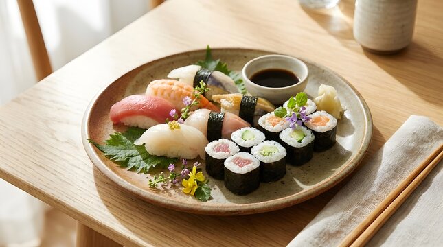 Assorted sushi and maki rolls with soy sauce and chopsticks on a wooden table