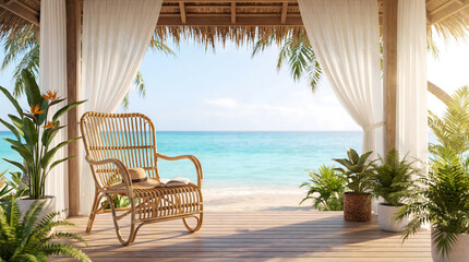 Obraz premium Rattan chair on wooden deck overlooking tropical beach