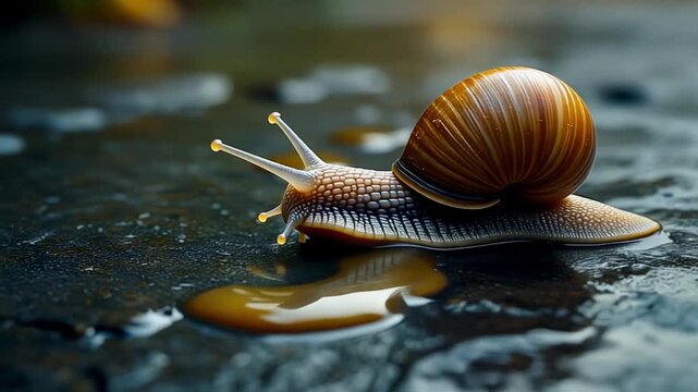 Cinematic 18K IMAX 70mm Snail Moving Across Dark Stone with Thick Mucus Detail