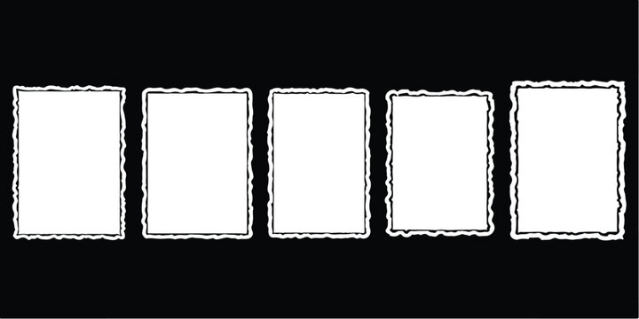 Five vertical rectangular frames with rough deckled edges arranged in a row against a solid black background