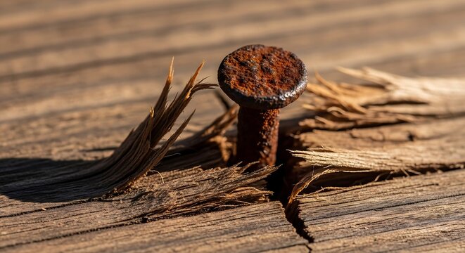 Rusty nail in weathered wooden plank with splintered fibers