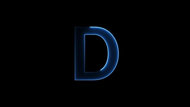 Glowing neon letter 'D' symbol, a shiny light font illustration on a black background English alphabet education type word writing letter text effect smooth footage sign symbol with black background