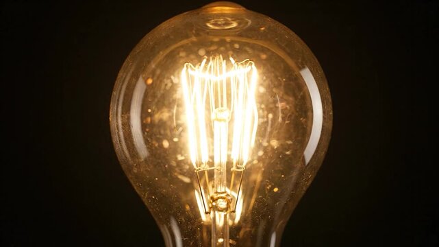 A close up view of a glowing glass light bulb with a visible filament against a dark background