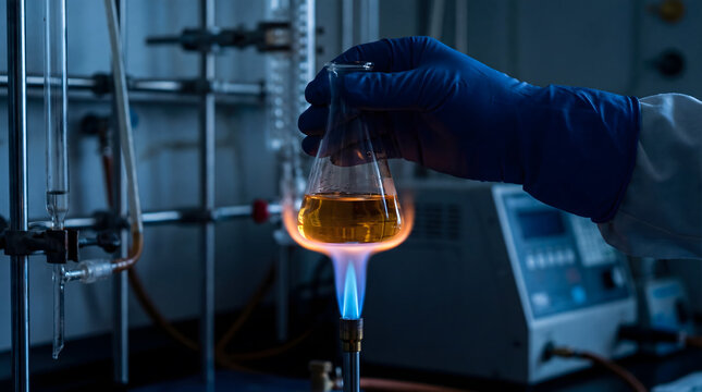 Scientist heating solution in erlenmeyer flask with bunsen burner