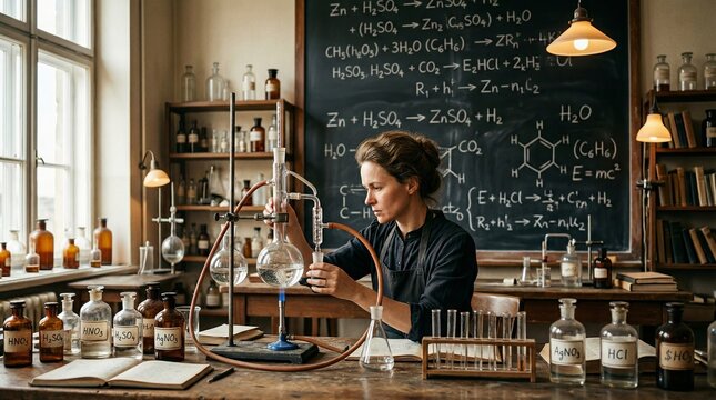 Marie Curie working in vintage chemistry laboratory