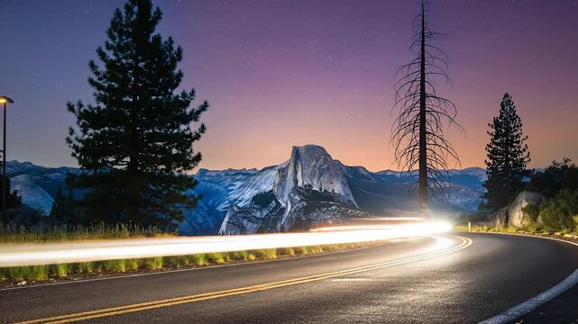 A car drives on a winding road through a mountainous landscape at dusk with pine trees and a snow-capped mountain in the background.
