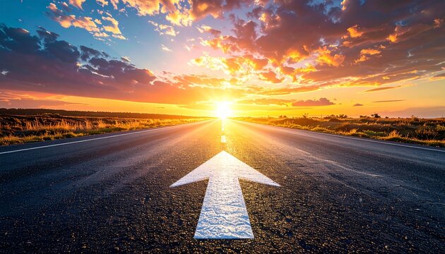 Straight Road with Arrow Leading to Horizon Showing Business Goal Setting and Achievement Concept