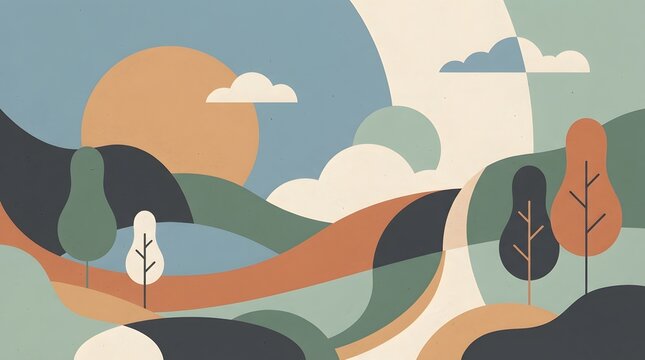 Stylized abstract landscape with rolling hills sun and clouds