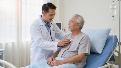 Obraz premium Asian Doctor Examining Elderly Patient with Stethoscope in Hospital Room