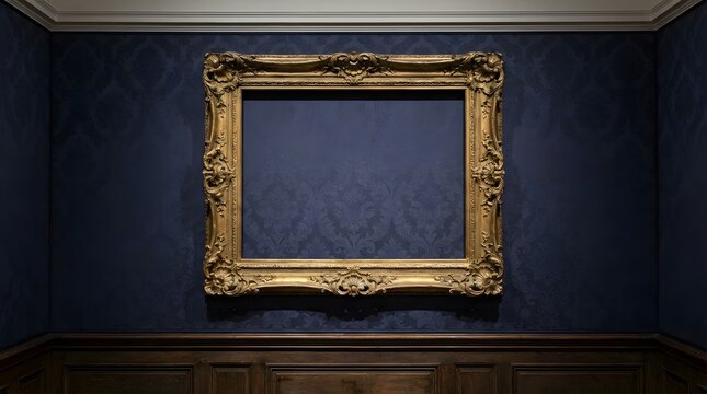 An ornate empty golden frame hangs on a dark blue textured wall in a gallery