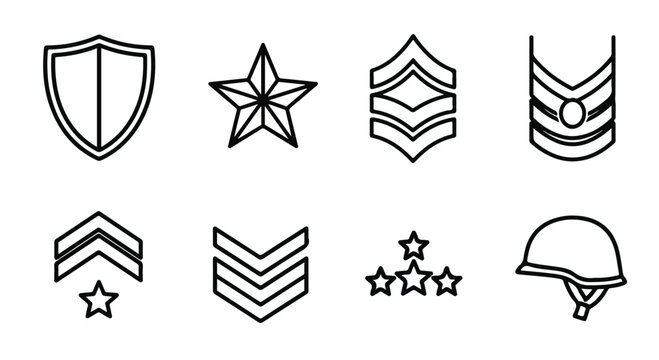 Military rank icons set, black outline army insignia and chevron symbols, 8 vector elements featuring shield star and helmet for tactical design
