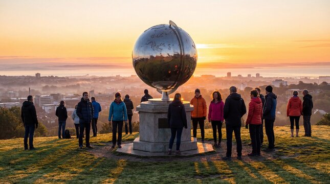 Planet earth surrounded by dense human crowd concept. People admiring a sunset view with a globe monument.