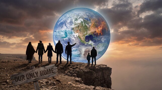 Planet earth surrounded by dense human crowd concept. People unite to protect the planet in a powerful visual message.