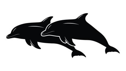 Fototapeta premium Two dolphins leaping and swimming together in a black silhouette illustration