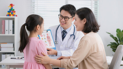 Fototapeta premium Asian Pediatrician Explaining Human Anatomy to Young Girl and Mother in Clinic