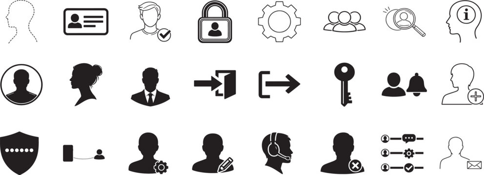 User account line icon set with profile, login, admin, security and identity vector symbols.