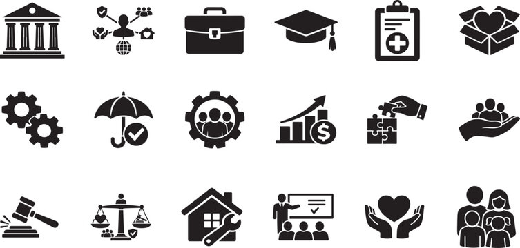 Social policy glyph icon set with education, healthcare, economy and protection symbols.