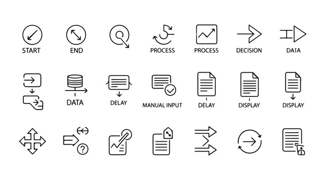 Flowchart line icon set, business process diagram elements, workflow mapping symbols with start, decision, data, and delay labels, 21 vector icons