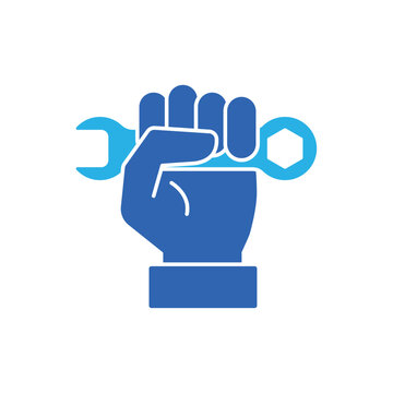 icon a repair with hand holding a mechanical wrench tool, isolated against a clean background.