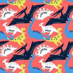 Playful seamless dinosaur pattern with colorful hand drawn pterodactyls brontosaurus stegosaurus and ankylosaurus on coral background for kids fabric, wallpaper packaging perfect for nursery decor © stocklene