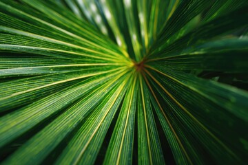 Obraz premium Close-up of a vibrant green palm leaf, radiating outwards