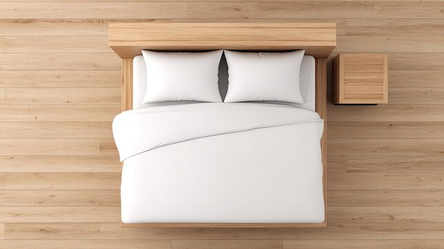 Modern bedroom interior with bed and wooden furniture overhead view