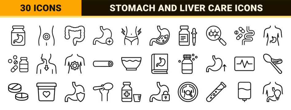 Gastrointestinal health and digestive system minimalist outline icon set
