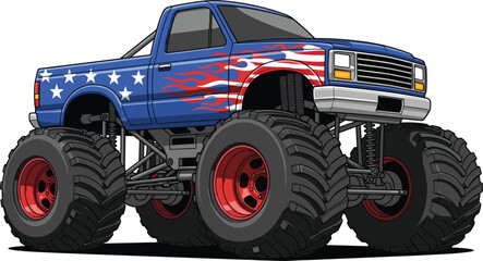 American Flag Monster Truck Illustration with Flames Design, Big Tires, Lifted Suspension, Off Road Vehicle, Power Performance, and Extreme Automotive Style © Yousuf