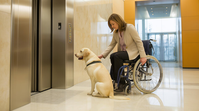 Yellow Labrador service dog presses elevator button beside woman in wheelchair in clean indoor lobby providing accessibility assistance